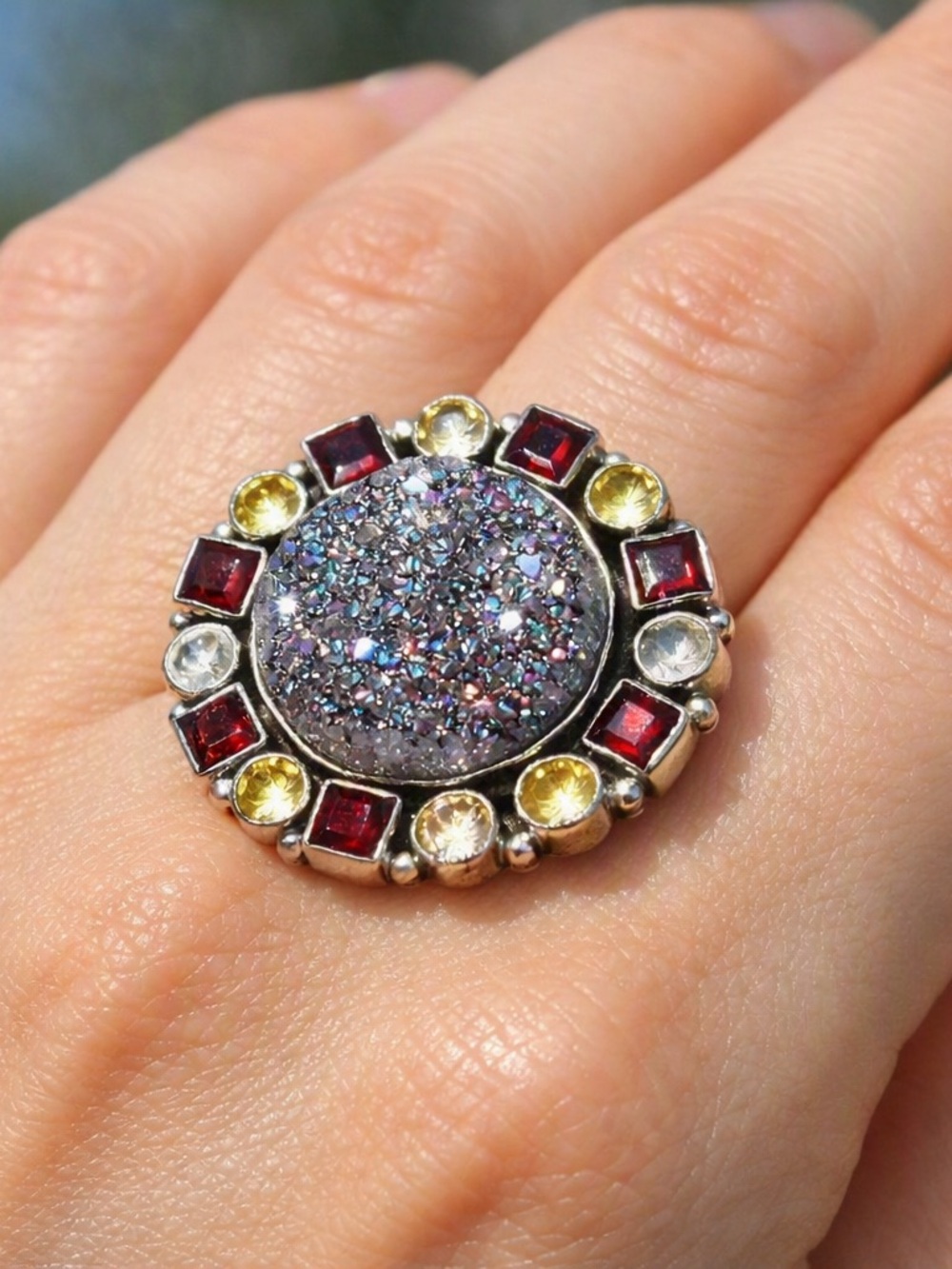 Sparkling Druzy Ring • Garnet & Citrine Halo • 925 Silver Artisan Design, Size 7